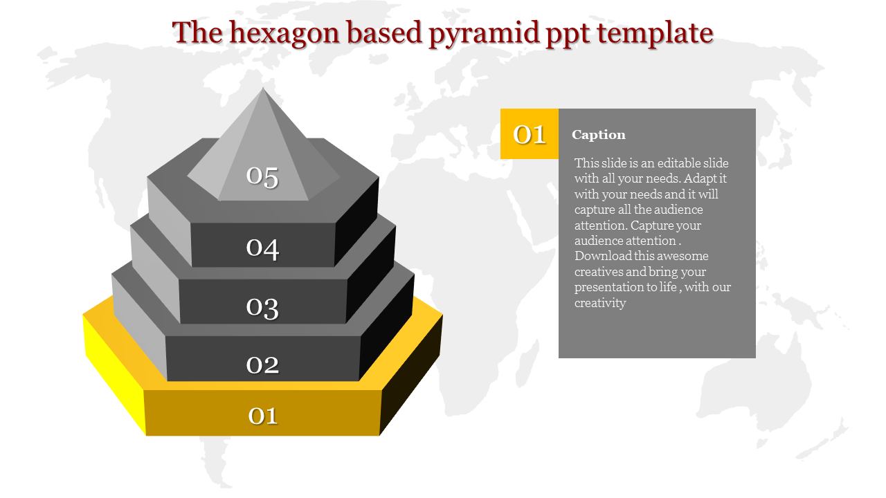 Hexagonal pyramid diagram slide in grayscale with five sections, each labeled 1 to 5, and a caption area on the right.