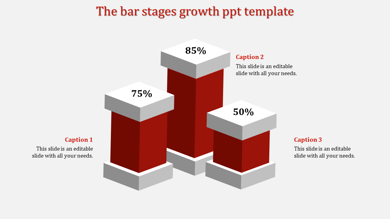 Bar stages growth slide with three columns in a 3D style, showing different heights for percentage value with caption areas.