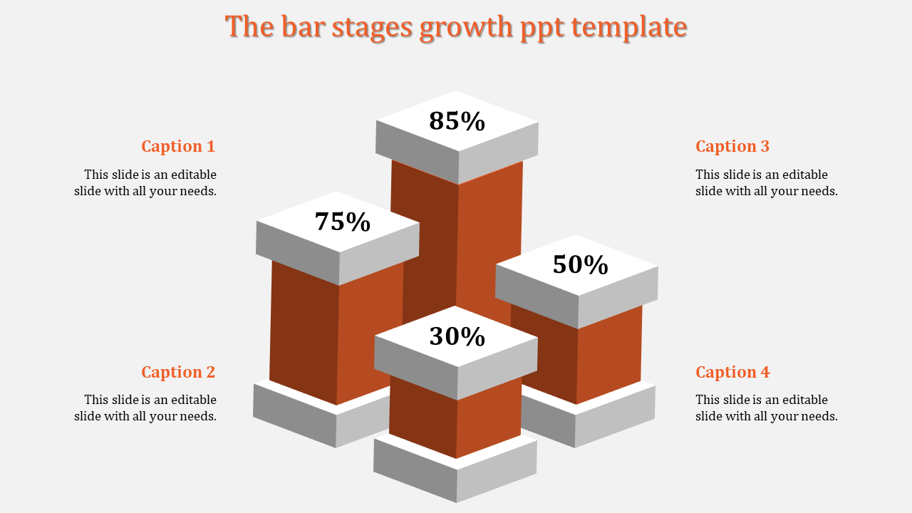 Growth bar stages PowerPoint template with four bars showing percentages with captions.