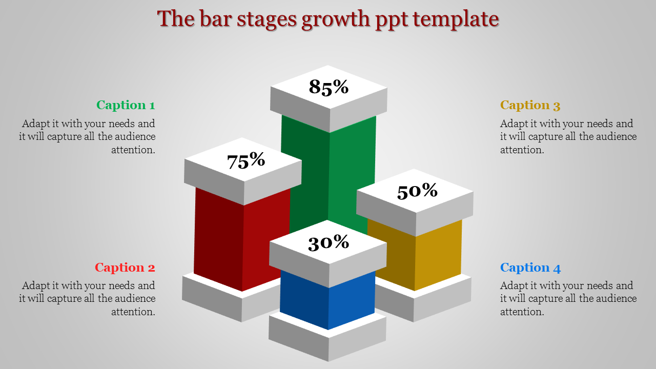 Bar stages growth slide with a 3D chart showing colorful bars at different heights, each representing a growth stage.