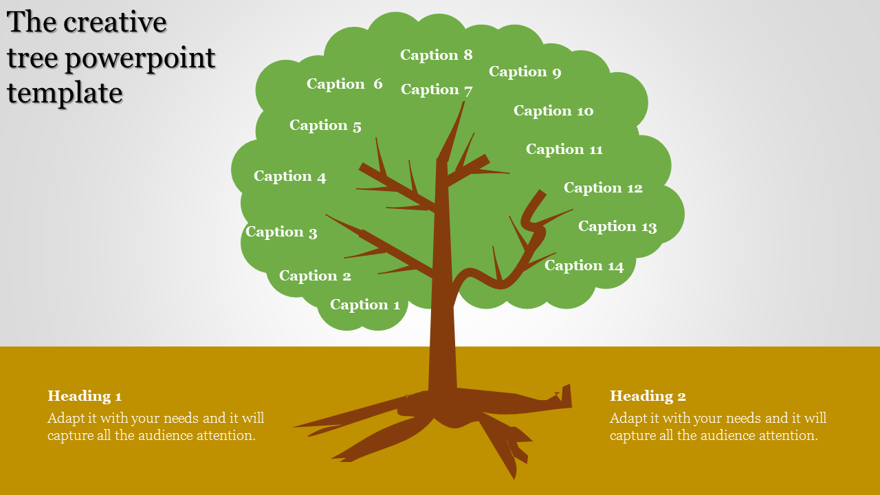 Creative slide featuring a tree illustration with labeled captions on the leaves and headings below the tree.