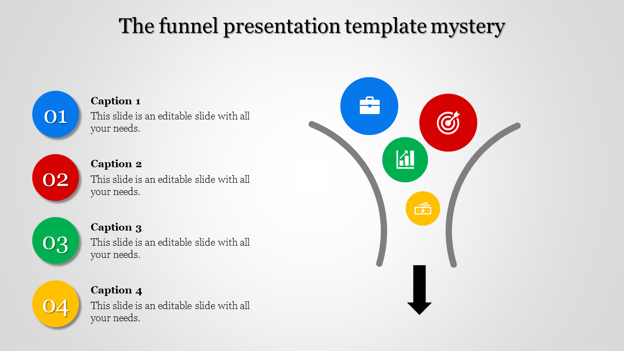 Funnel template with four colorful icons in blue, red, green, and yellow, paired with numbered captions on the left.