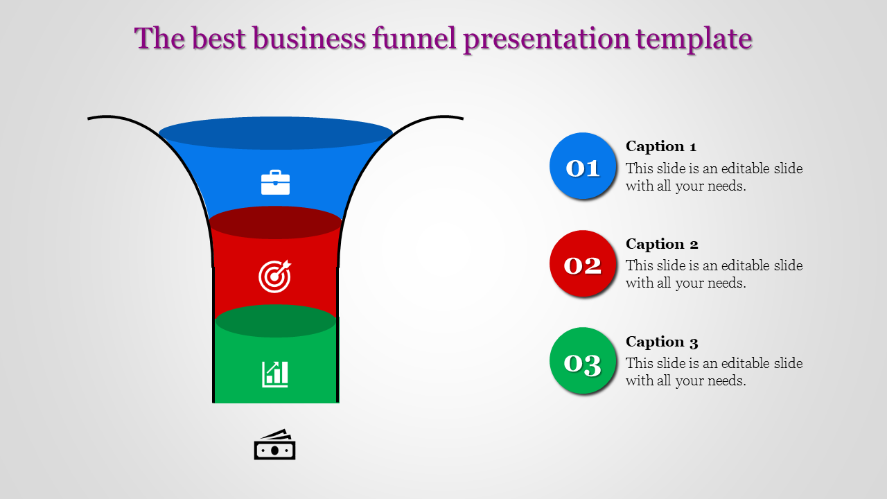 Funnel graphic with blue, red, and green segments featuring icons, alongside corresponding numbered captions.