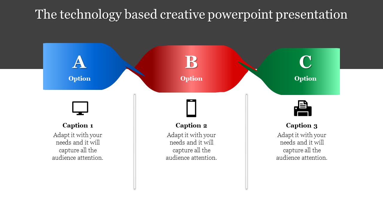 Three option slide with A, B, and C choices in blue, red, and green banners for creative presentations.