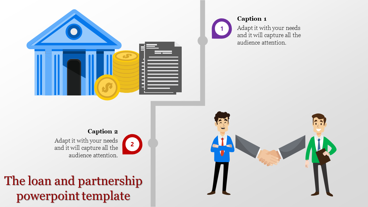 Illustrated loan and partnership slide with a blue bank icon, gold coins, and two people shaking hands in business attire.