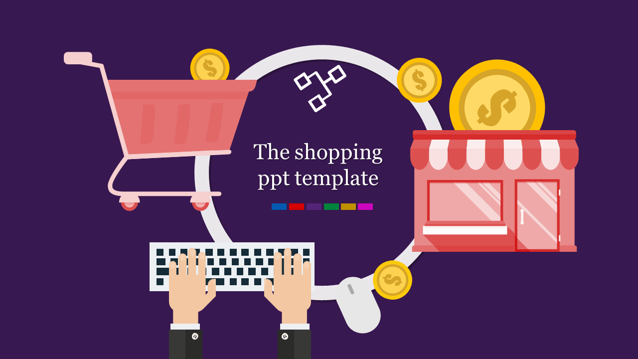 Illustration with a cart, store, and keyboard on a purple background, with coins and text in the middle.