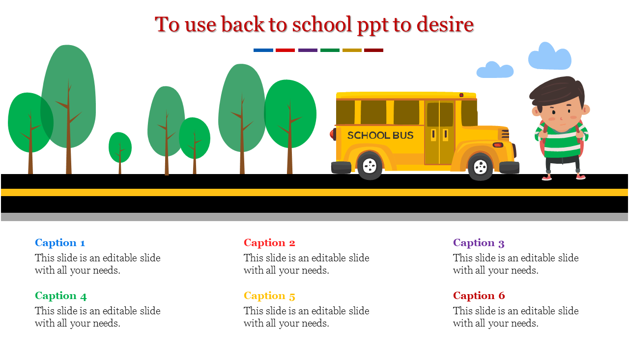 School-themed slide with a yellow bus, a child, a road, trees, and six colorful caption boxes below.