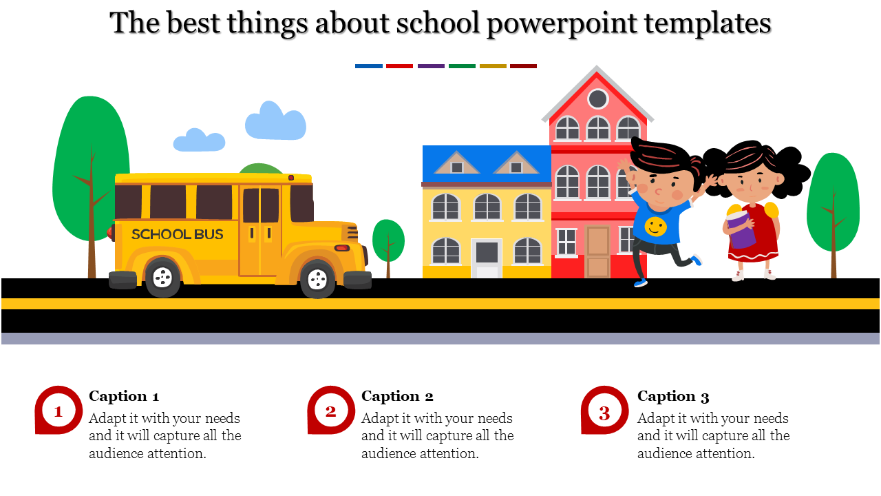 A cheerful illustration of a yellow school bus near a school building with children running and holding books with captions.