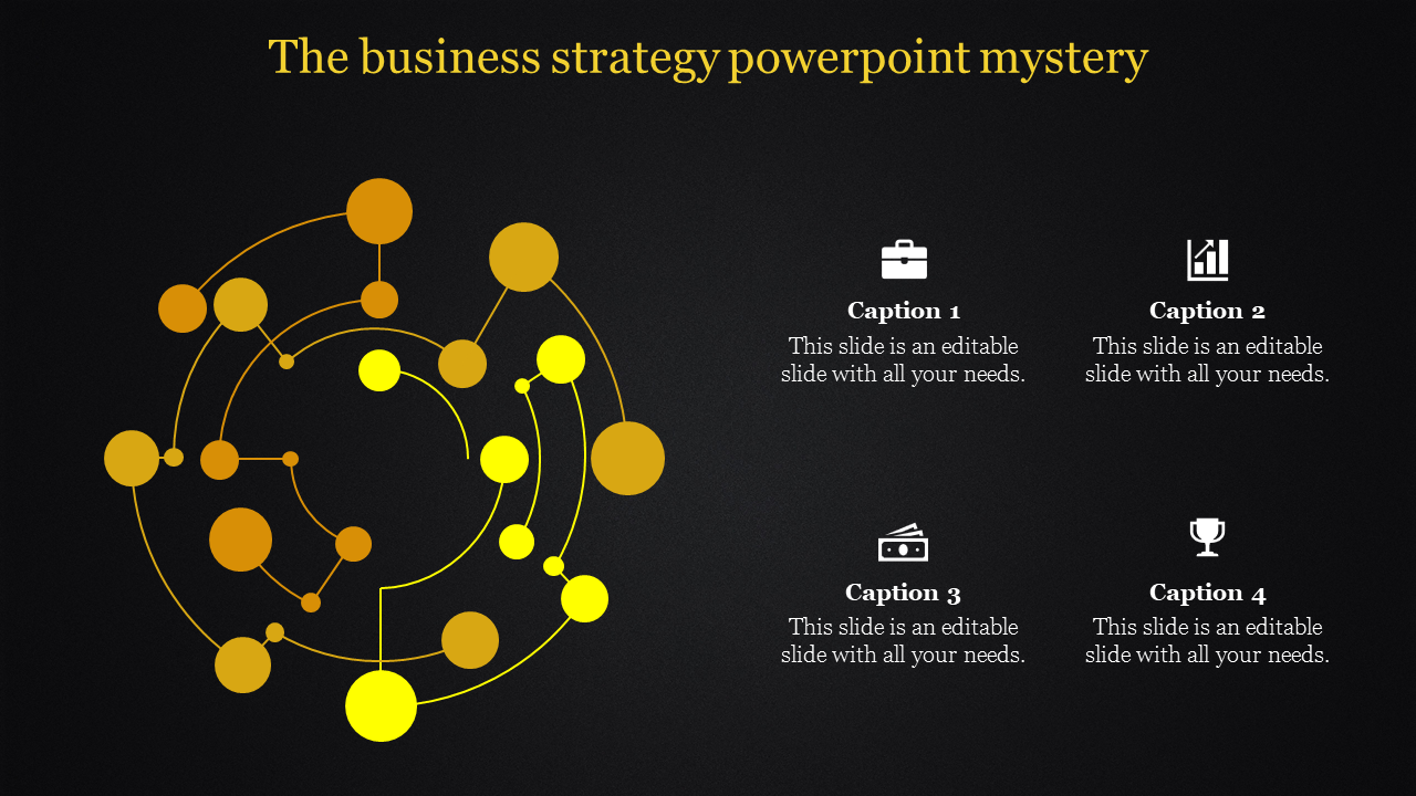 Business strategy slide featuring a golden interconnected network and 4 captions with business icons on a black background.