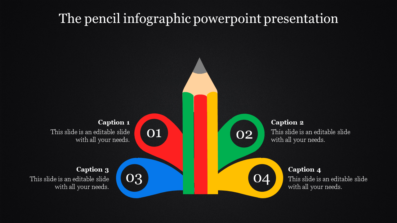 Dark themed slide with a central pencil design, flanked by colorful curved segments in red, green, blue, and yellow.