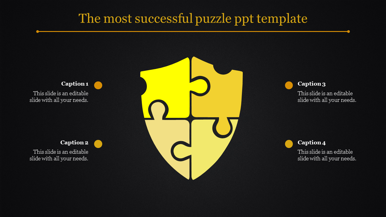 Yellow shield-shaped puzzle graphic with four pieces surrounded by caption areas on a dark background.