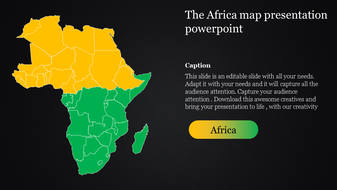 Africa PowerPoint template featuring a color coded map, dividing the continent into yellow and green regions for clarity.