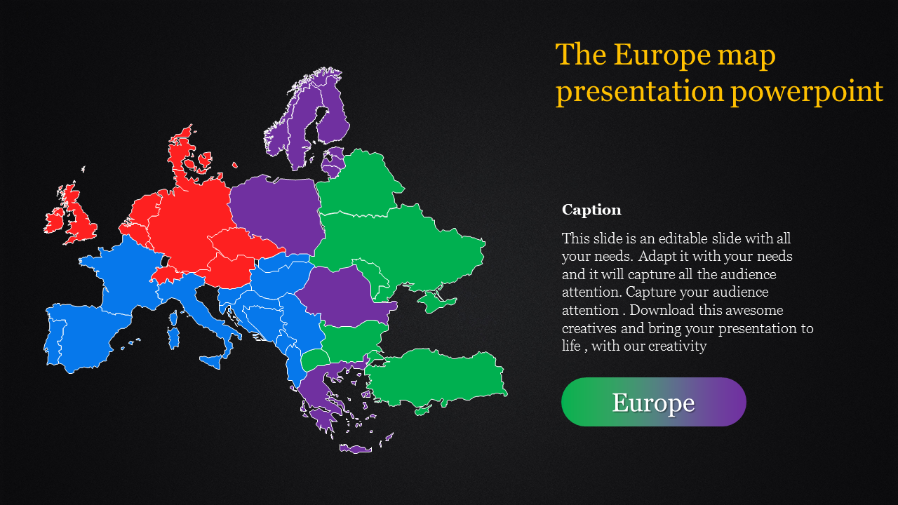 Europe map with regions in red, blue, green, and purple on a black background with caption and a button.