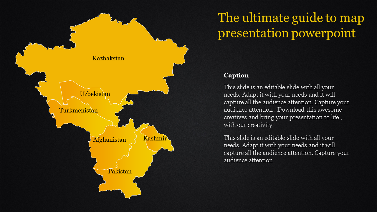 Map of Central Asia and surrounding countries highlighted in yellow for a PowerPoint presentation on a dark backdrop.