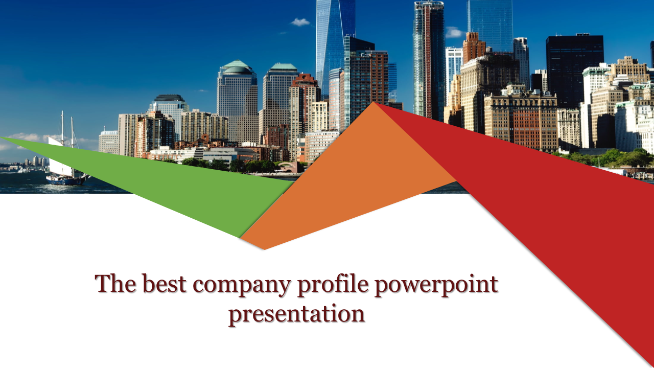 Company profile PowerPoint slide with a city skyline background and colorful geometric shapes overlaying the design.