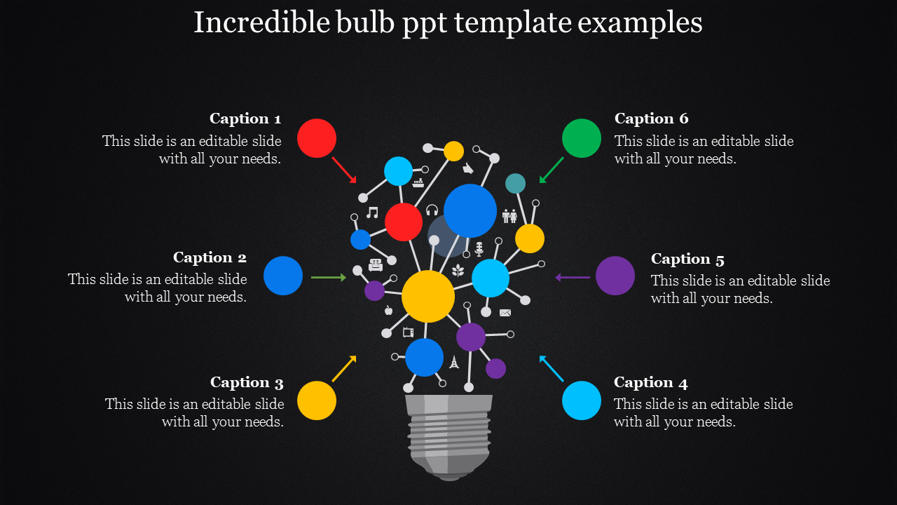 A glowing light bulb with colorful circular nodes connected by lines, illustrating six captions, on a dark background.