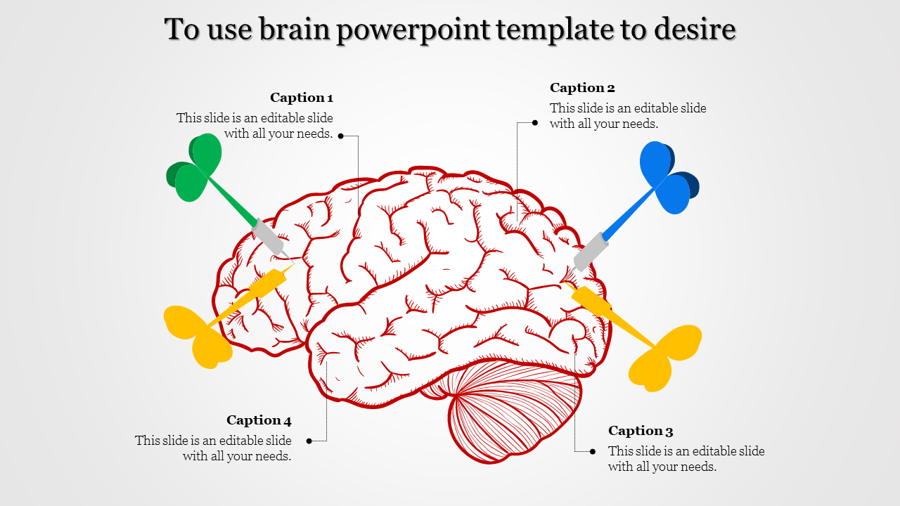 Slide featuring a red outline of a brain with four colored arrows pointing to different regions, each connected to captions.