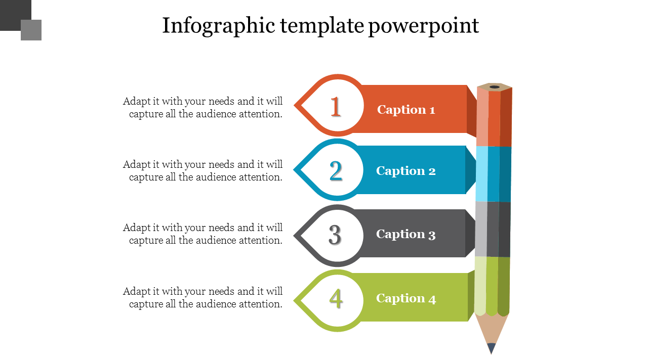 Infographic PowerPoint template featuring a four step process with numbered labels and a colorful pencil graphic on the side.