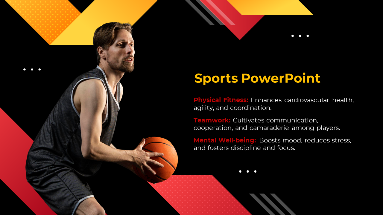 Athlete in basketball gear with a ball, highlighting sports and its benefits on a black and red backdrop.