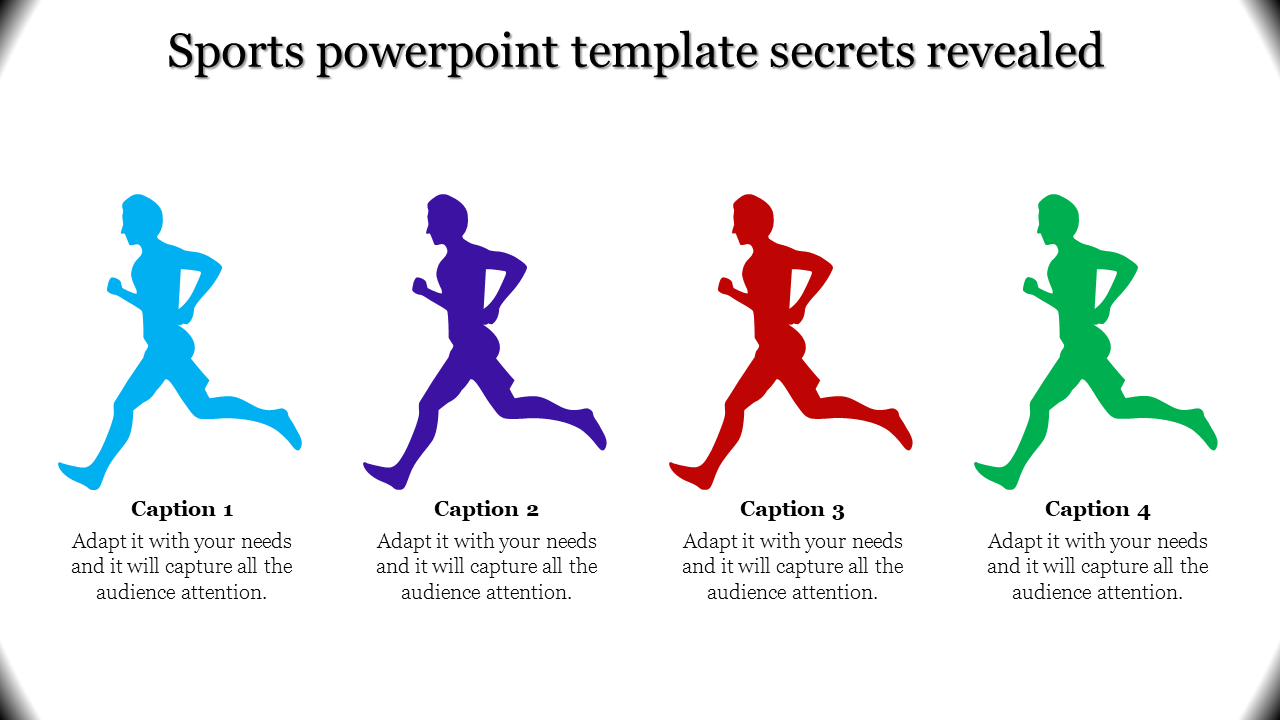 Four colored silhouettes of runners in motion, representing dynamic sports themed PowerPoint template sections.