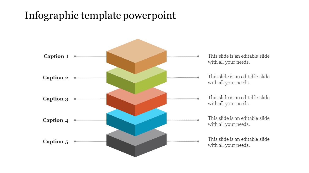 Infographic PowerPoint template with five layered blocks, each representing a different section or category with captions.