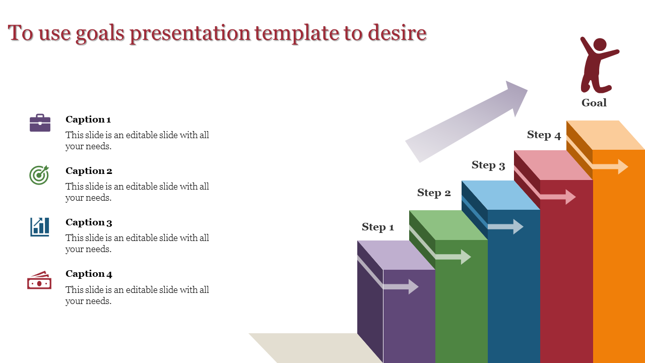 Infographic showing five ascending steps in purple, green, blue, red, and orange, with captions and icons on the left.