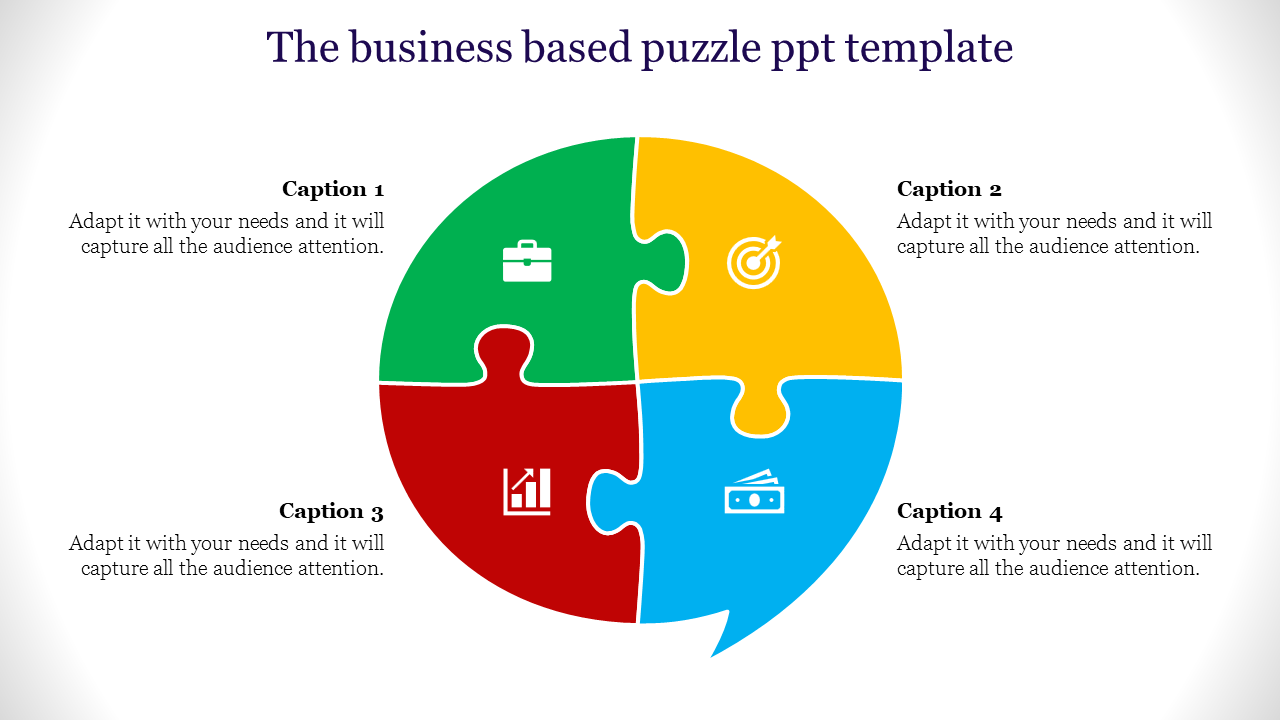 Business puzzle PowerPoint template with colorful puzzle pieces representing different business aspects with icons.