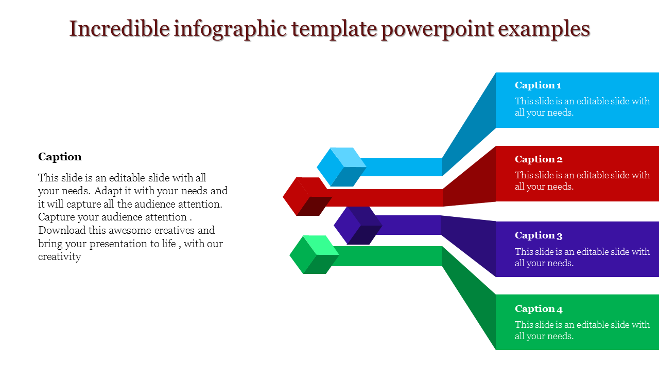 Infographic PowerPoint template featuring four colored arrows blue, red, purple, and green each with captions.