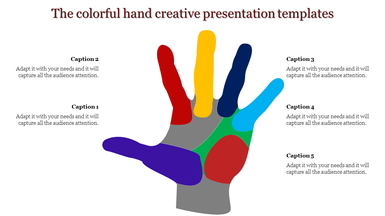 Colorful hand shaped infographic PPT template with labeled sections for captions.