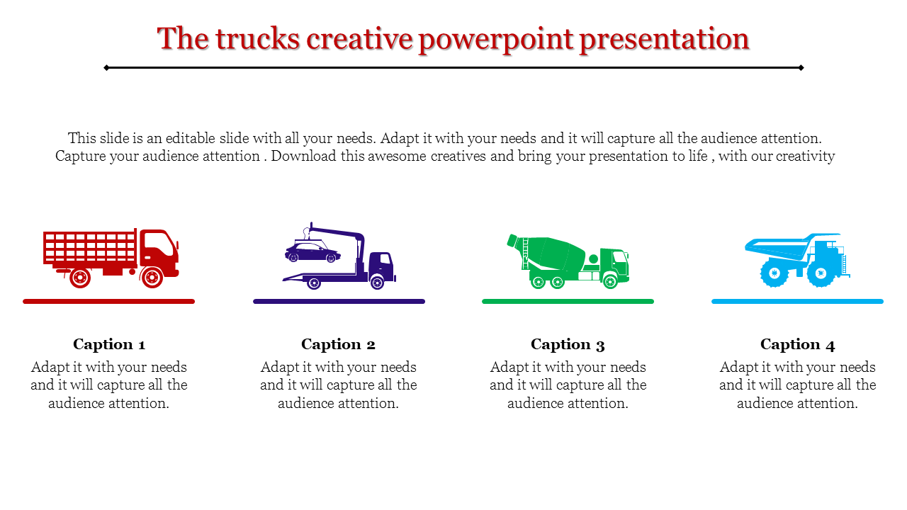 Slide featuring four colorful truck illustrations, each representing different types of vehicles with caption areas below.