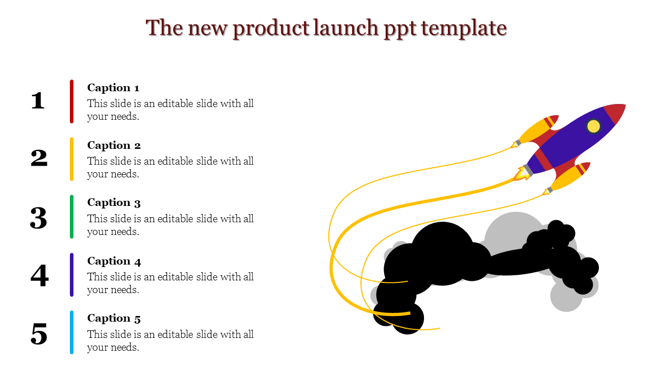 Rocket illustration trailing yellow lines and smoke, with five numbered text sections in different colors on the left.