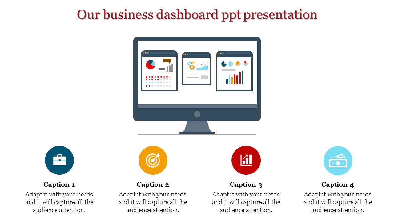 Business dashboard slide with a monitor displaying charts and graphs, paired with four colored icons and captions.