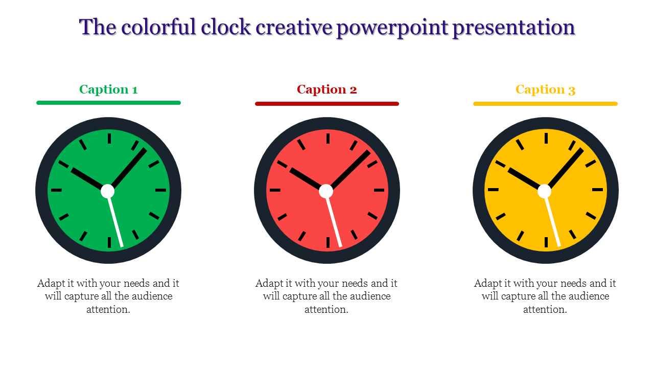 Three colorful clock icons in green, red, and yellow, aligned horizontally with captions below, on a white background.