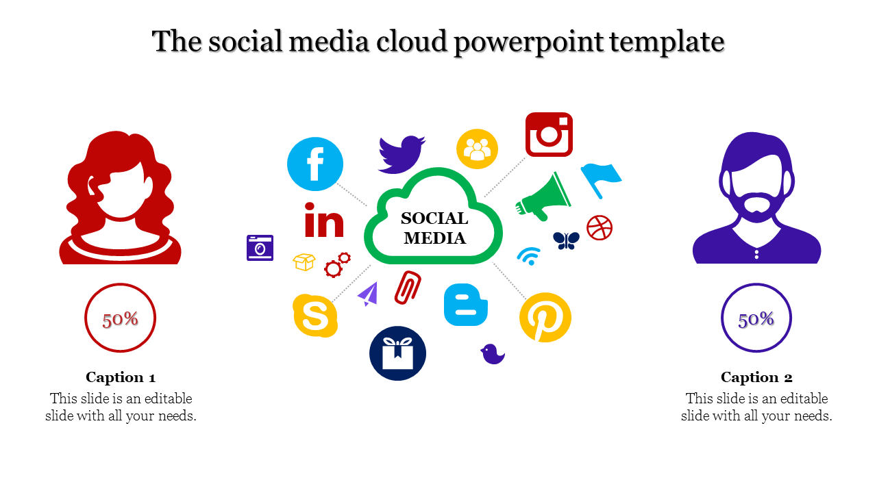 Social media cloud with icons for various platforms in vibrant colors, centered between red and purple user silhouettes.