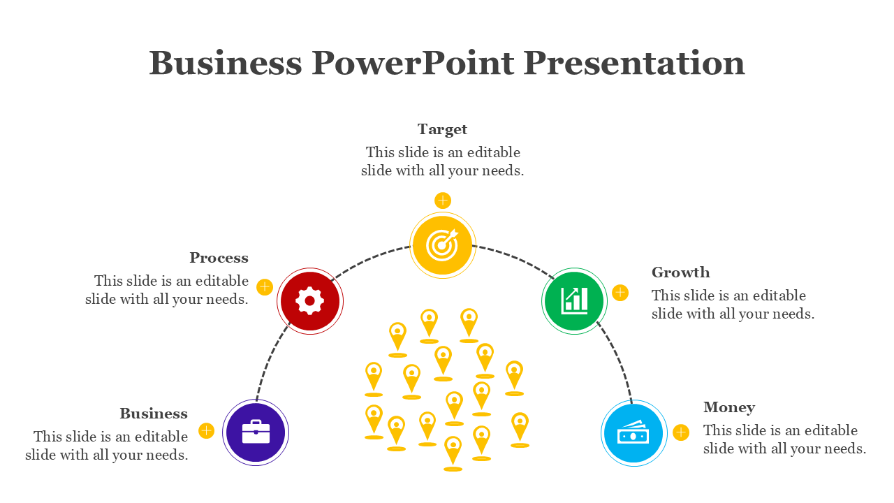 Business process infographic with colorful circular icons from business to money, connected by dotted lines.