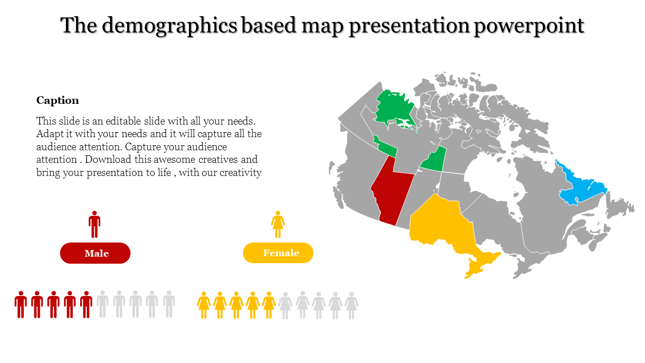 Canada map with provinces marked in green, red, yellow, and blue, featuring male and female gender icons.