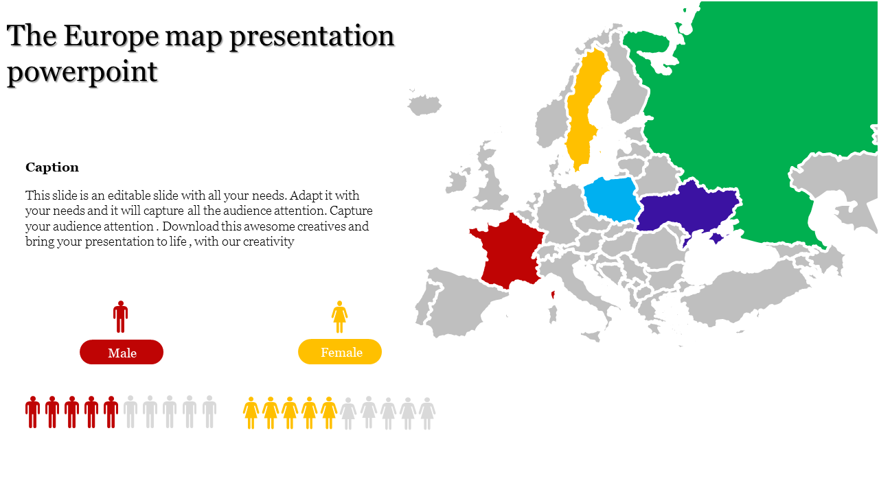 PowerPoint slide with a map of Europe, displaying different countries in various colors, and a gender demographic chart.