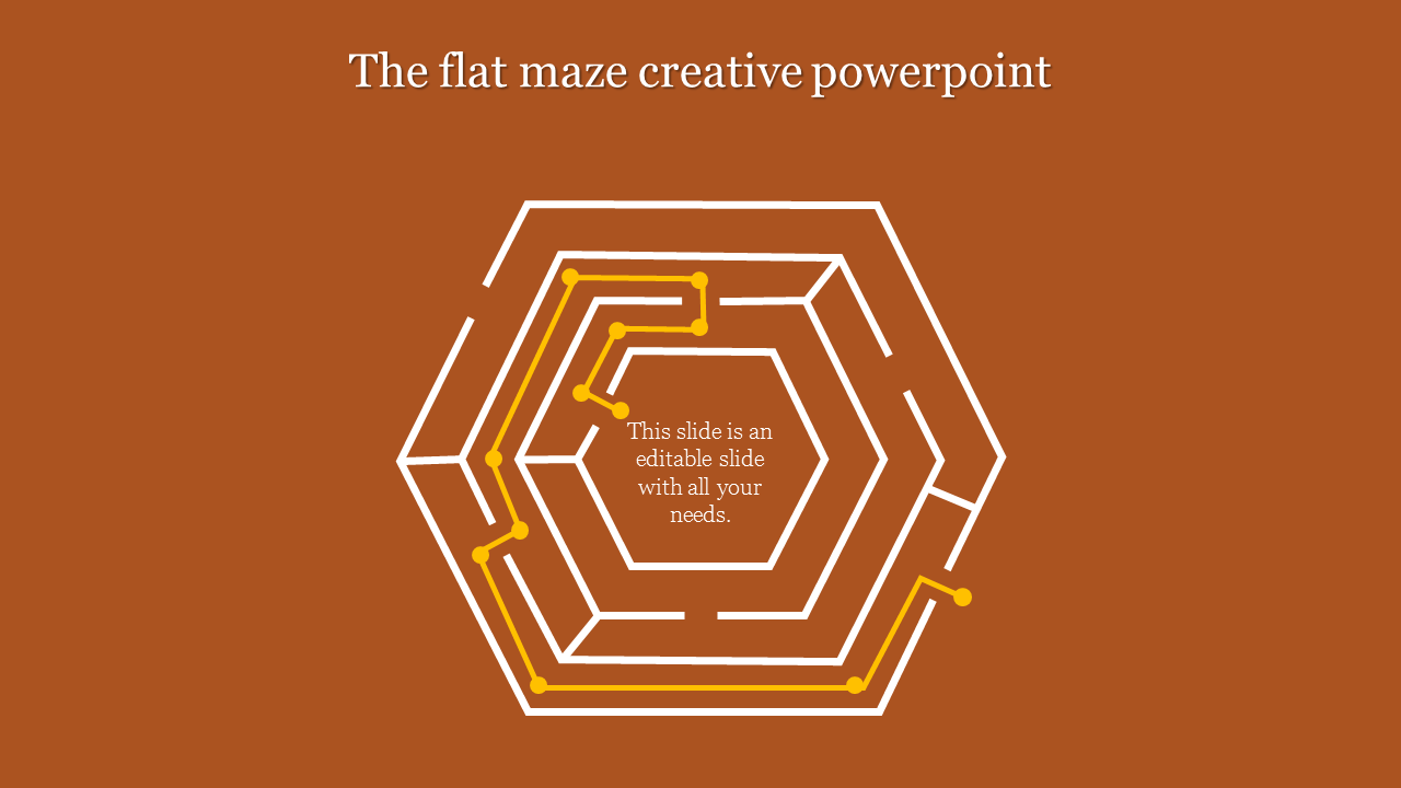 White hexagonal maze design on a brown background, with a yellow line showing a path toward the center.