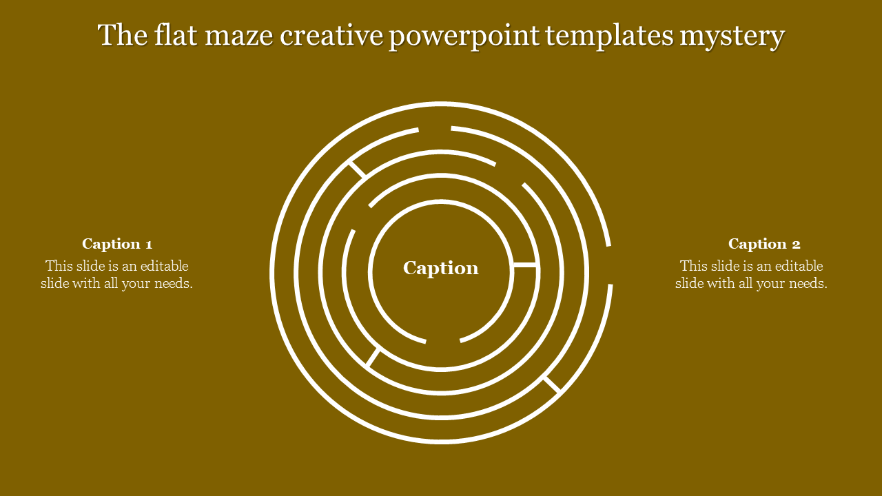 Creative PowerPoint template featuring a circular maze design in white on a mustard background with captions on either side.