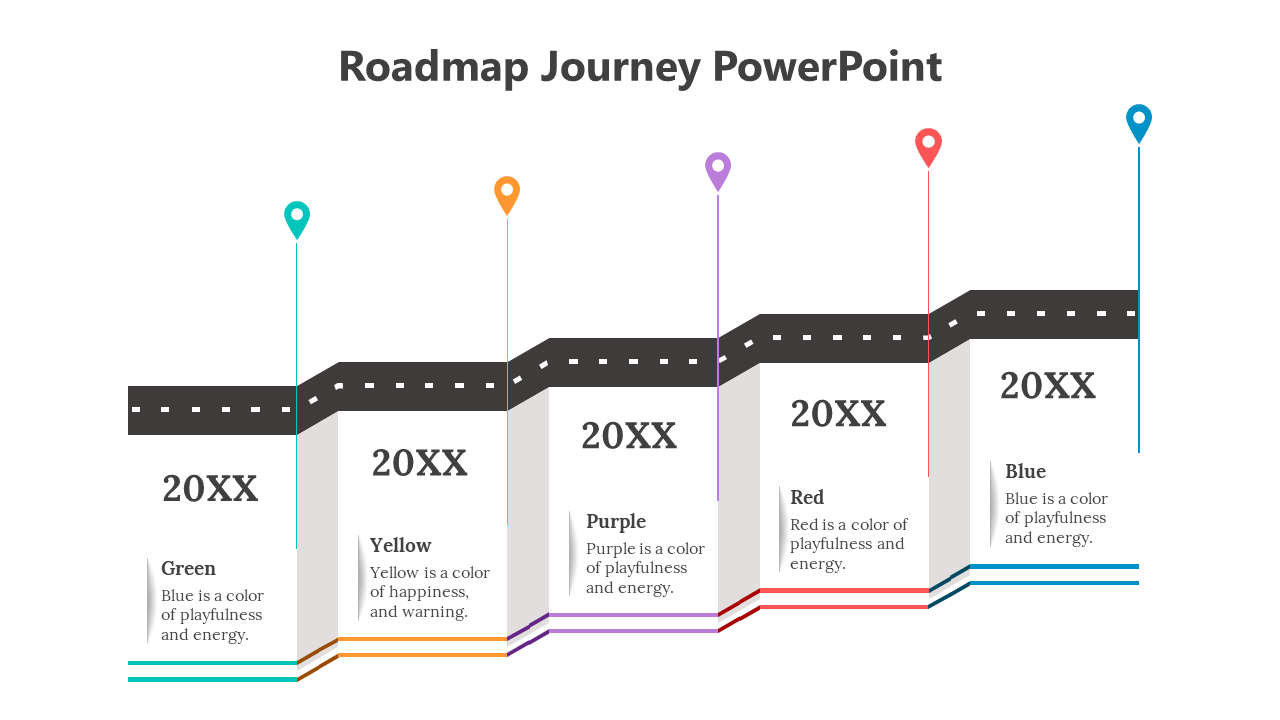 Roadmap journey slide highlighting key milestones with color coded segments along with year placeholders.