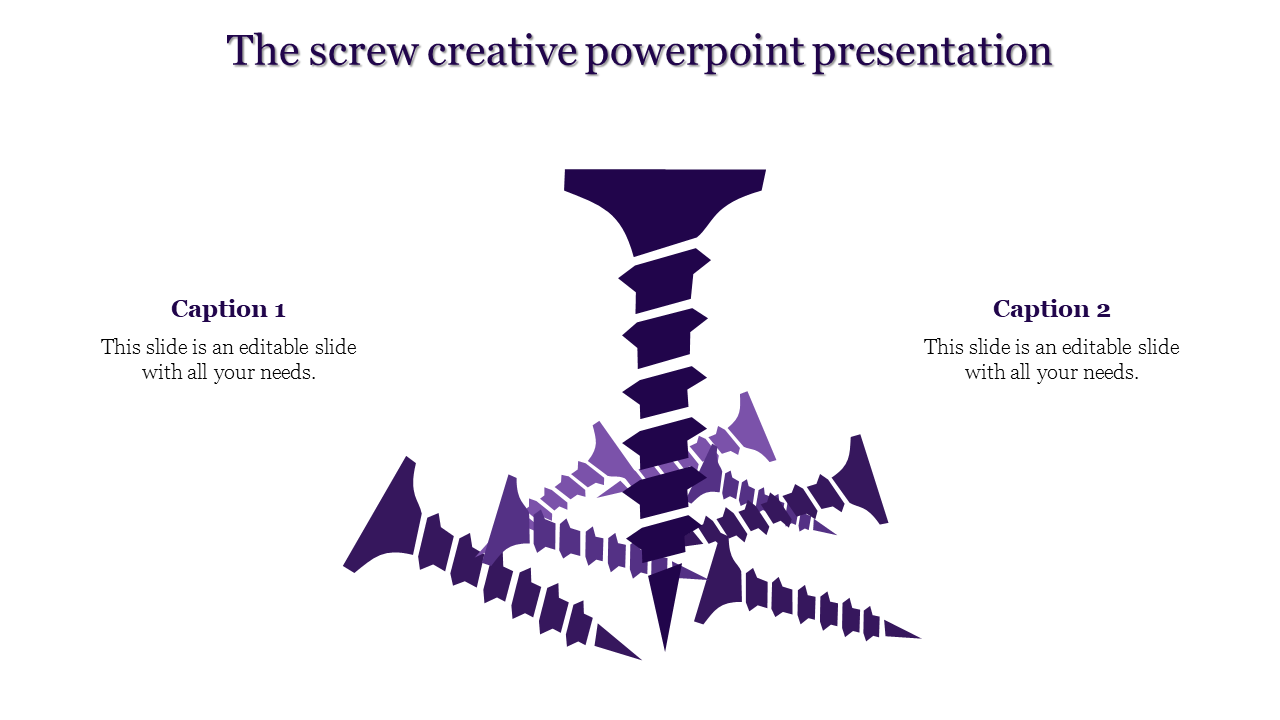 Purple screw graphic in PowerPoint slide with a creative spiral design with captions.