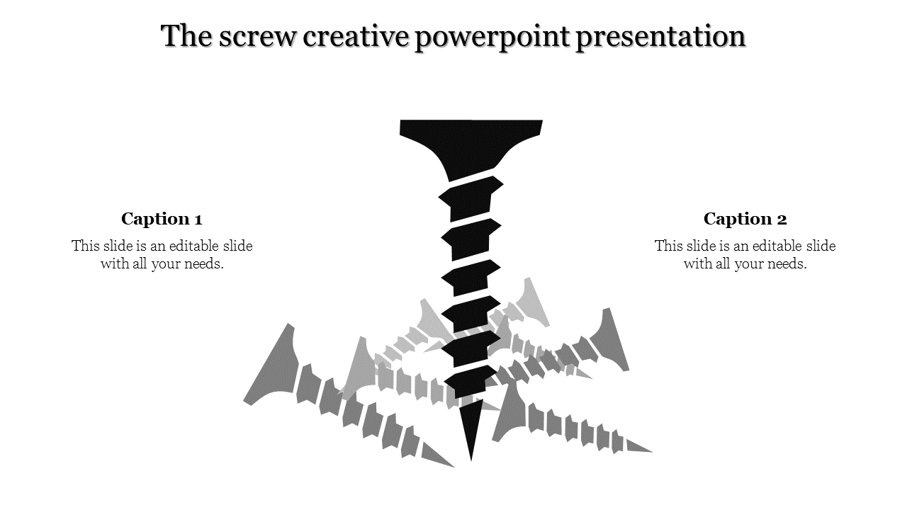 Creative slide featuring a large screw in black and gray with mirrored patterns and two captions on both sides.