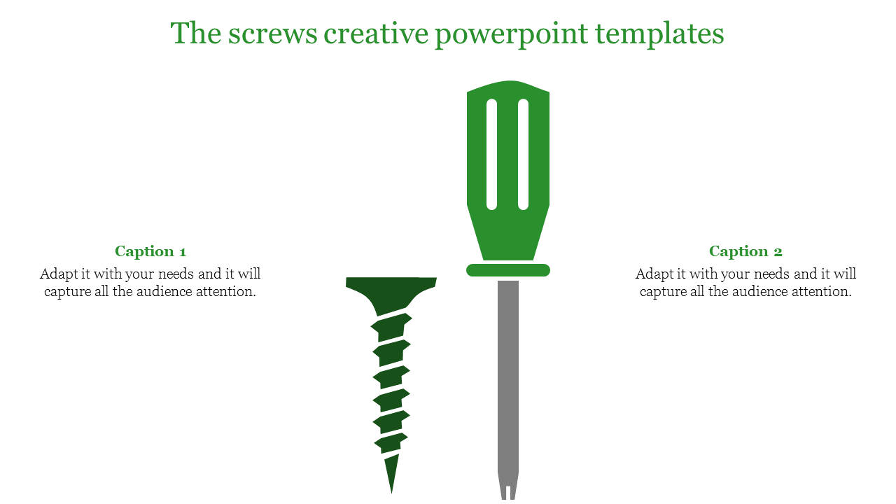 Illustration of a screwdriver and a screw in green color, with two caption placeholders for descriptions.