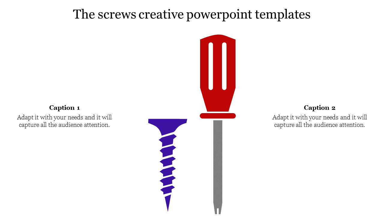 Slide showcasing an illustration of a red screwdriver and a purple screw, with two caption placeholders for descriptions.