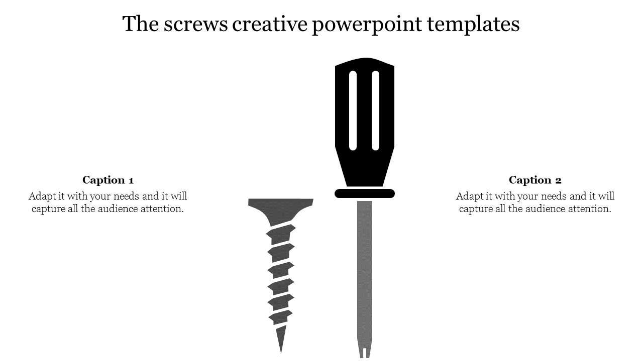 Illustration of a screwdriver and a screw in black color, with two caption placeholders for descriptions.