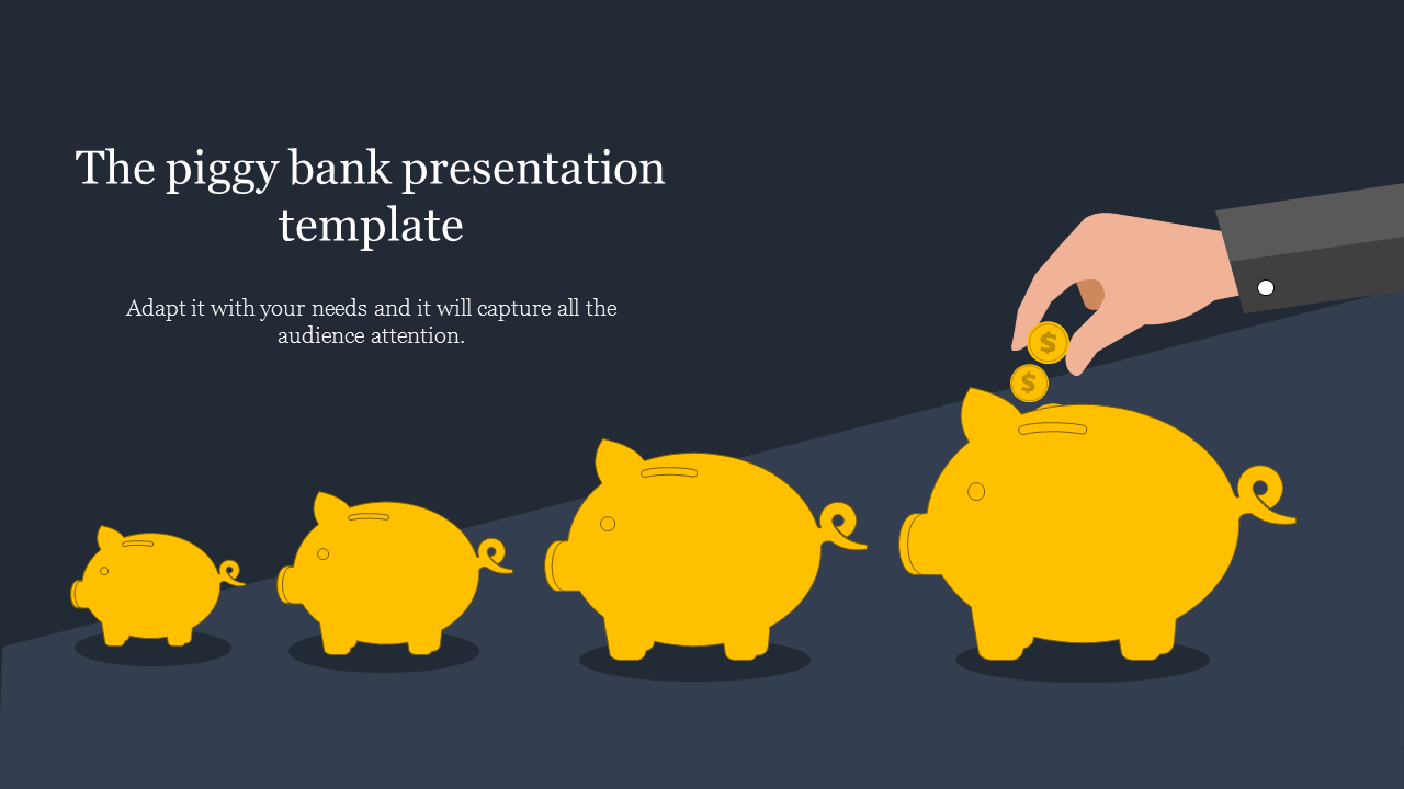 A hand placing coins into a piggy bank with smaller piggy banks lined up next to it with placeholder text.