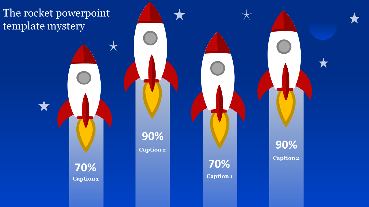 Rocket themed PPT slide with four rockets, showcasing progress bars at 70 and 90 percent against a starry blue background.