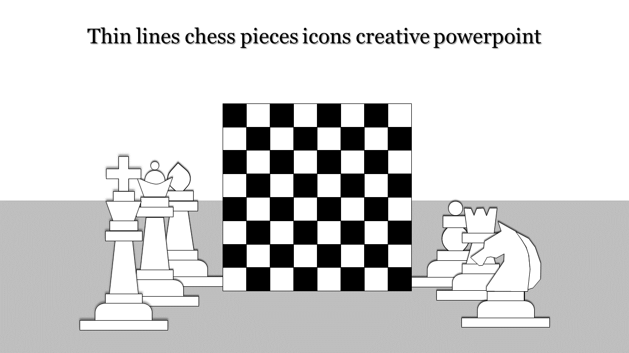 Creative PowerPoint slide with thin line chess pieces and a checkered chessboard at the center.