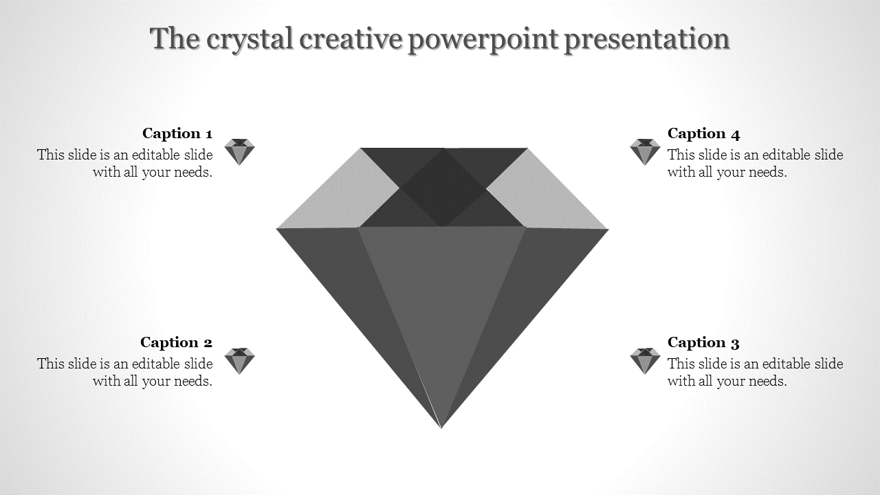 Illustrated gray gem shape in the center with four text blocks labeled as captions, accented by small diamond icons.