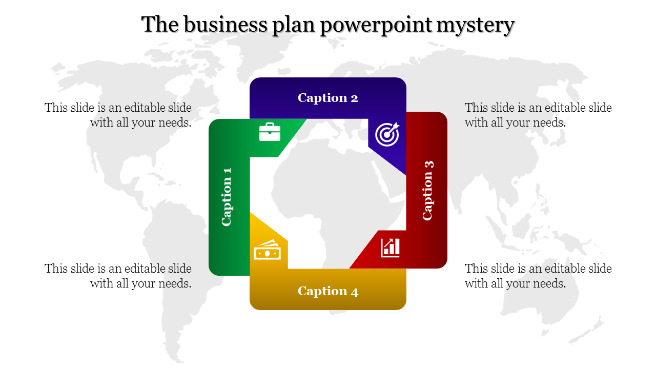 Four interconnected square shapes in green, blue, red, and yellow with icons and captions, overlaying a light world map.